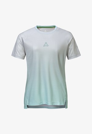 Lightweight, breathable short-sleeve athletic shirt in a gradient blue-green mesh fabric with a subtle logo on the chest and side slits.