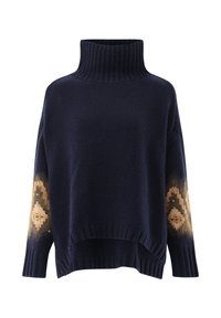 Marineblauer Strickpullover mit hohem Kragen, ausgestattet mit gemusterten goldenen Akzenten an den Ärmeln. Lockere Passform mit gerippten Kanten am Ausschnitt und Saum.
