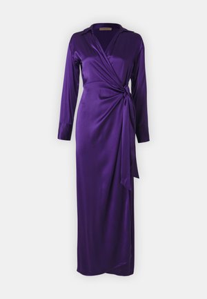 Purple satin wrap dress with long sleeves and a tied waist, featuring a collar and a sleek, smooth texture. Mid-length design.