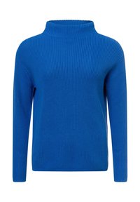 Pull bleu côtelé avec un col montant, des manches longues et une coupe ample. Confectionné en maille douce.