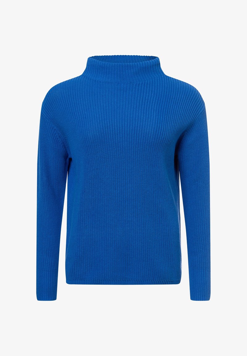 Pull bleu côtelé avec un col montant, des manches longues et une coupe ample. Confectionné en maille douce.