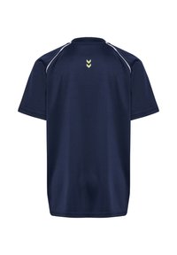 Mörkblå sporttröja med korta ärmar, rund halsringning, kontrasterande vita sömmar och tre gula vinklar på övre ryggen.