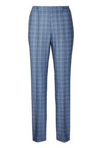Blauwe geruite broeken met een elastische tailleband, met een gestructureerde stof en een recht model. Opvallend door hun moderne ruitpatroon.