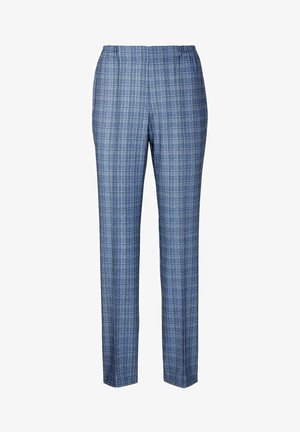 Blaue Karottenhose mit elastischem Bund, aus einem strukturierten Stoff und mit geradem Bein. Auffällig durch ihr modernes Karomuster.