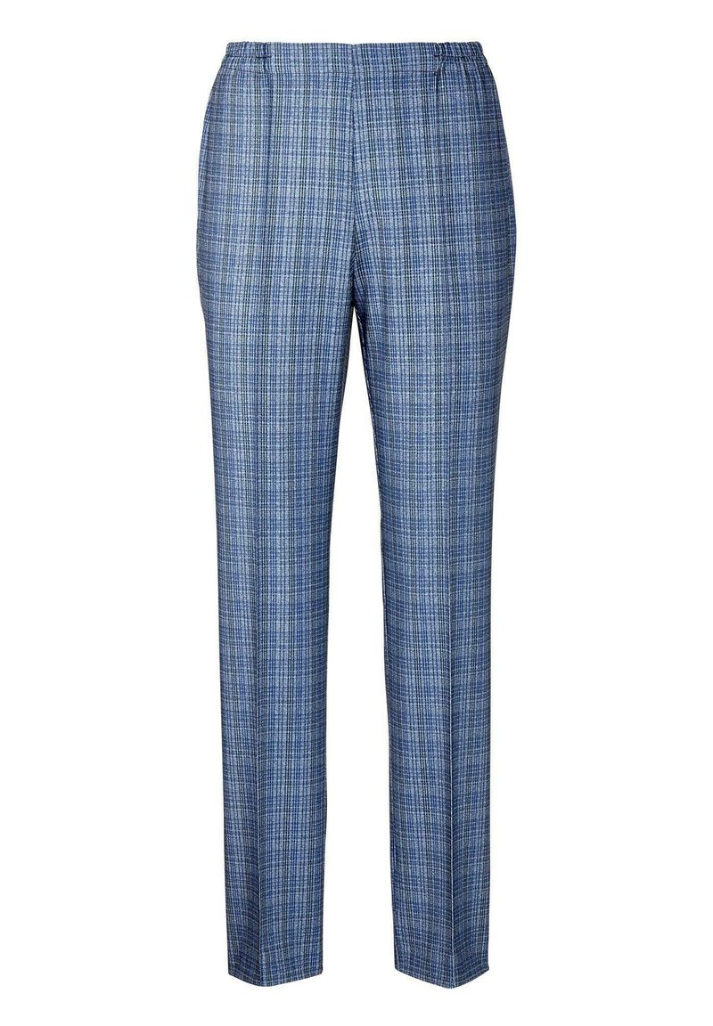 Blauwe geruite broeken met een elastische tailleband, met een gestructureerde stof en een recht model. Opvallend door hun moderne ruitpatroon.