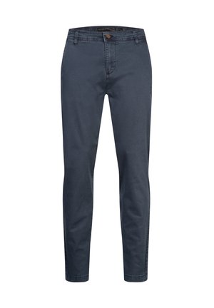 Dark navy slim-fit jeans made from soft denim, featuring a flat front, five pockets, and a single brown button closure.