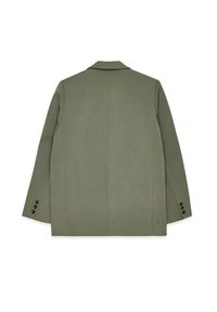 Oliven grøn blazer med et struktureret design, enkelt rygslids, almindelige kraver og sorte knapdetaljer på ærmerne. Glat tekstur.