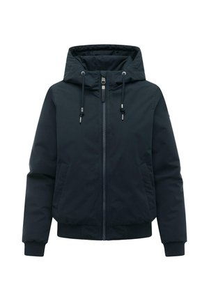 Veste à capuche bleu marine avec fermeture éclair devant, cordons ajustables, poches latérales, poignets et ourlet côtelés, conçue pour temps froid.