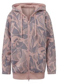 Světle růžová zipová mikina s květinovým a geometrickým vzorem v šedé barvě. Obsahuje kapuci, šňůrky na stažení a žebrovaný lem. Měkký textilní materiál.
