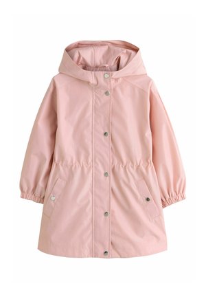 Light pink raincoat with a hood, snap buttons, elastic cuffs, and two side pockets. Made from a smooth, water-resistant material.