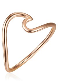 Prstan iz rožnatega zlata v obliki srca z gladko, polirano površino, s fluidnim, zvitim dizajnom in odprtim trakom.