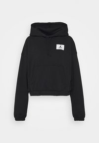 Sweat à capuche noir, court, avec poche kangourou, capuche à cordon, taille élastique et écusson logo rectangulaire blanc sur la poitrine gauche.
