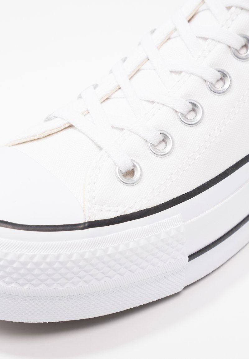 Zapatilla de lona blanca con puntera de goma redondeada, ojales de metal, cordones planos blancos y suela blanca texturizada con acentos negros.