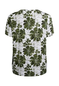 Trumpas rankovėmis marškinėliai, turintys baltą foną su dideliu žaliu gėlių raštu. Pagaminti iš lengvos medžiagos, su apvaliu kaklu ir laisvu siluetu.