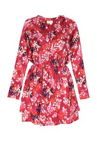Rochie roșie cu mâneci lungi, decolteu în V și talie elastică. Prezintă un model floral în nuanțe de roz, alb și negru. Material ușor.