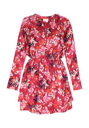 Raudona suknelė su ilgomis rankovėmis, V formos iškirpte ir elastinga juosta. Savybė - gėlių raštas rožinės, baltos ir juodos spalvos. Lengvas audinys.