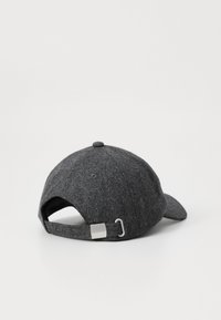 Gray felt baseball cap with a curved brim, adjustable strap and metal accent on the back. Soft texture with a smooth finish.