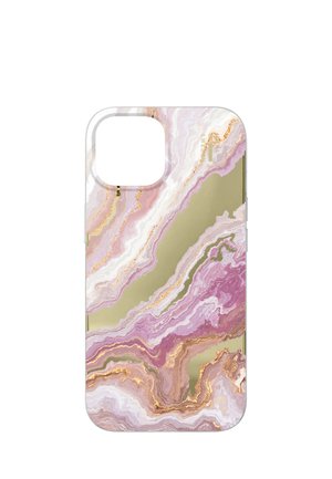 Custodia per telefono con design astratto marmorizzato rosa, bianco, oro e oliva, con accenti metallici dorati e ampio foro per la fotocamera.