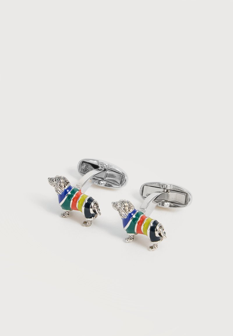 Boutons de manchette en argent en forme de chiens teckels portant des pulls rayés bleus, verts, rouges, jaunes et noirs.