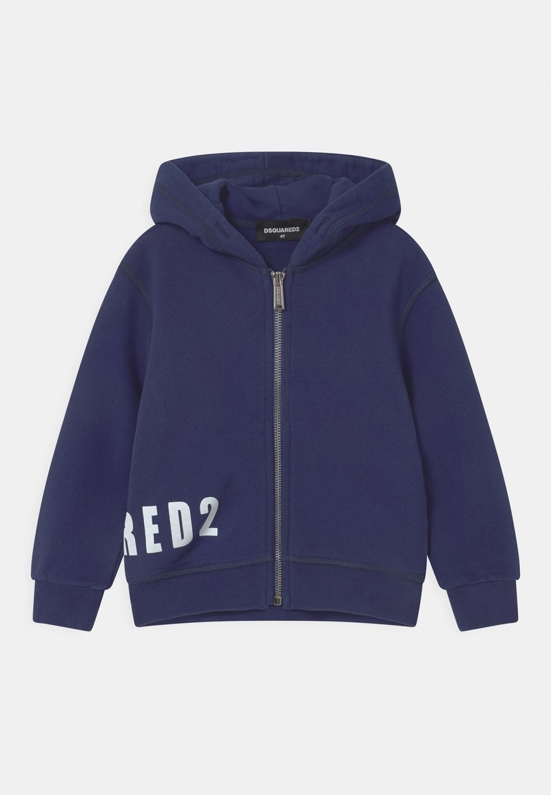 Hoodie zippé bleu marine avec un grand graphique blanc "RED2" sur le devant. Fabriqué en tissu mélangé coton, il dispose d'une capuche et de poignets côtelés.