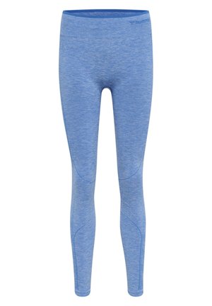 Blå leggings gjorda av melerat tyg, med en slät midjeresår, smal passform och sömdetaljer längs benen.