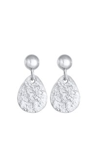 Boucles d'oreilles pendantes en argent texturé, composées d'un clou sphérique et d'un pendentif en forme de goutte, avec une finition matte, présentant un design organique.