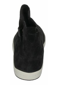 Black suede ankle boot with a smooth texture, pull tab at the back, and a white rubber sole. Rounded toe and minimalistic design.