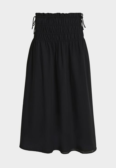 Μαύρη μίντι φούστα με σούρες, ελαστική ψηλή μέση και κορδόνια δεσίματος και στις δύο πλευρές.