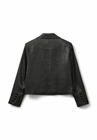 Zwarte cropped blazer met lange mouwen, notched kraag en knopen details op de mouwen, van achteren getoond op een witte achtergrond.