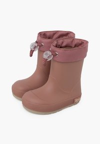 Stivali da pioggia in gomma di un rosa tenue con suola testurizzata. Presentano un risvolto in tessuto con cordino regolabile e toggles trasparenti.