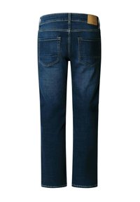 Donkerblauwe straight-leg jeans gezien van achteren met twee achterzakken en een bruin leren merkpatch op de tailleband.