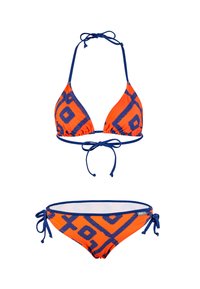 Ensemble de bikini en deux pièces avec un motif géométrique orange et bleu marine. Le haut dispose de liens réglables et d'une forme triangulaire ; le bas se noue sur les côtés.