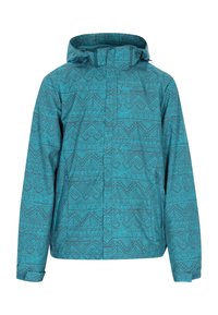 Teal-mønstret jakke med hætte, der har geometriske designs, en frontlynlås og to sidelommer. Fremstillet af vandtæt materiale.