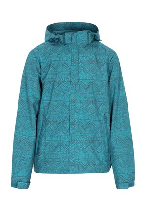 Teal-mønstret jakke med hætte, der har geometriske designs, en frontlynlås og to sidelommer. Fremstillet af vandtæt materiale.