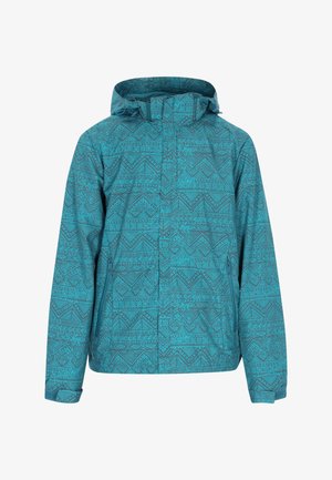 Tageblau gemusterte Jacke mit Kapuze, die geometrische Designs aufweist, einen Frontreißverschluss und zwei seitliche Taschen hat. Hergestellt aus wasserdichtem Material.