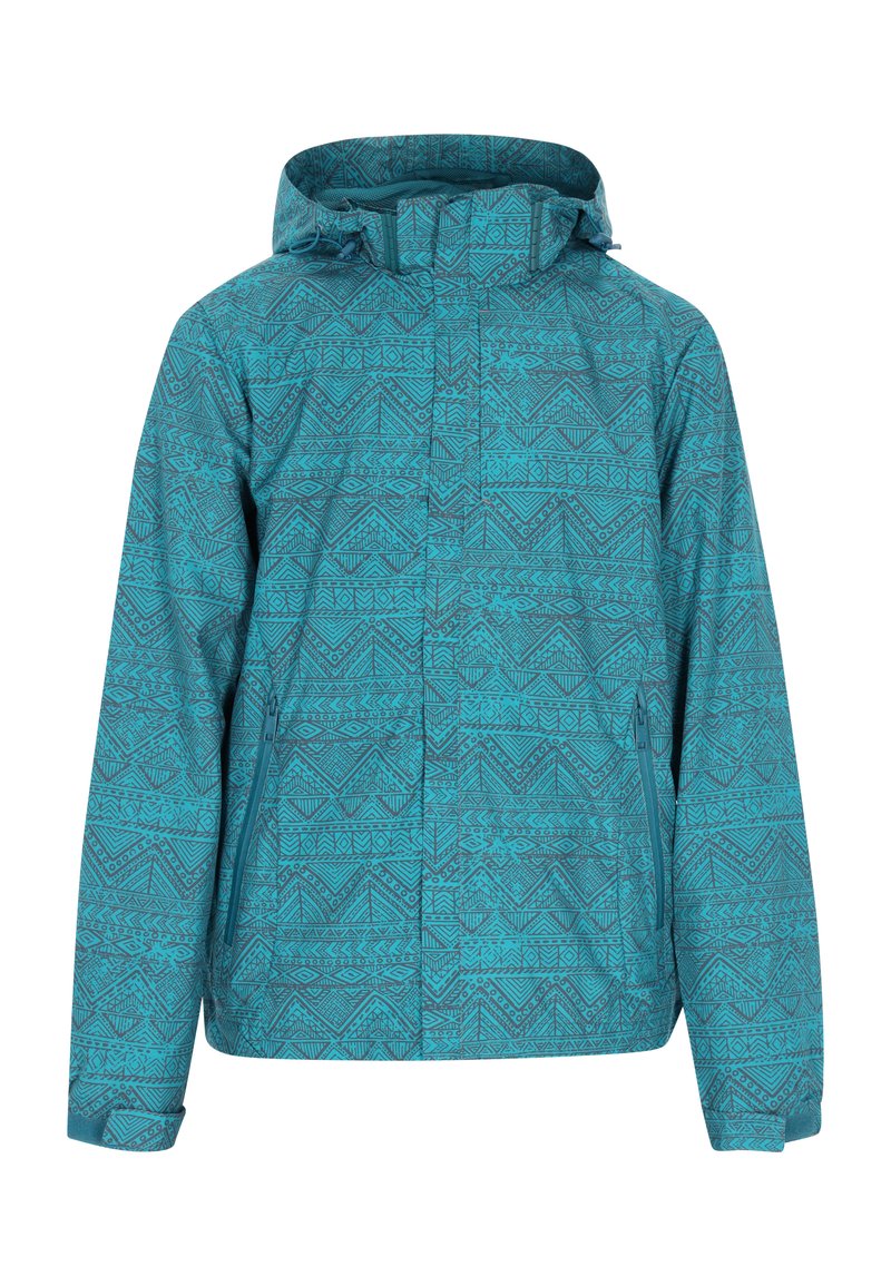 Teal-mønstret jakke med hætte, der har geometriske designs, en frontlynlås og to sidelommer. Fremstillet af vandtæt materiale.