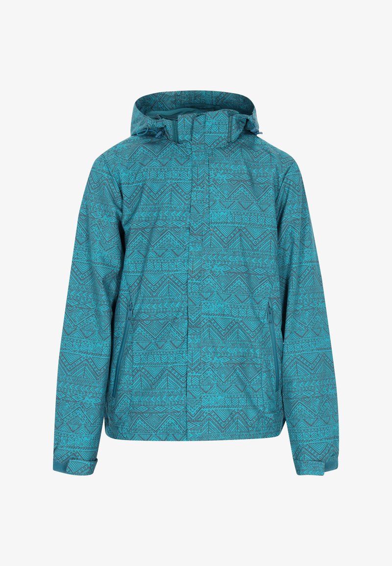 Teal-gekleurd jasje met een capuchon, voorzien van geometrische ontwerpen, een rits aan de voorkant en twee zijzakken. Gemaakt van waterdicht materiaal.