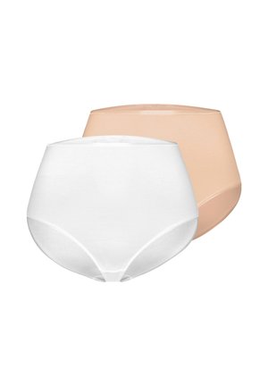Dwa damskie majtki o wysokim stanie w kolorze białym i beżowym, rozłożone płasko na białym tle.