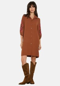 Robe marron à boutons avec col et broderie florale rose sur les manches. Portée avec de grandes bottes en daim marron.