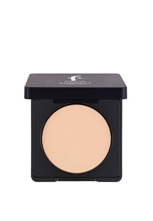 Compact beige powder foundation in a black square case with the lid open, showing the product inside.