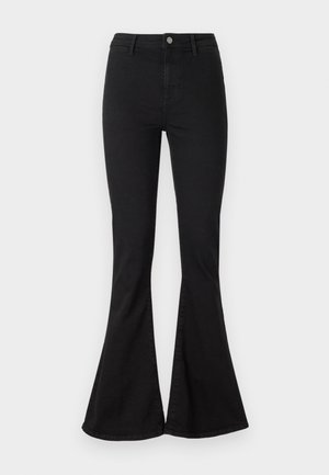 Black flared jeans made of denim with a fitted waist, zipper and button closure, and pronounced flare at the ankle.
