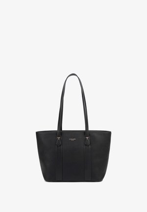 Black tote bag made of textured synthetic material, featuring two sturdy handles and subtle logo detail in the center.