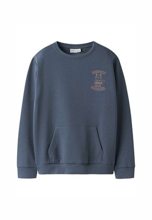 Sweat-shirt bleu foncé avec poche avant et petit graphique d'un chat tenant des nouilles avec le texte "Perfect Noodles" sur la poitrine.