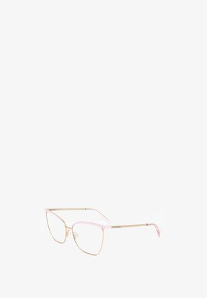 Occhiali da vista in metallo dorato a forma di occhio di gatto con sottili accenti rosa lungo le montature superiori e punte delle aste rosa traslucide su sfondo bianco.