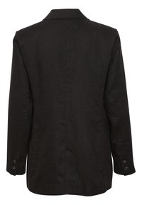Schwarzer Blazer aus einem glatten, strukturierten Stoff, mit einem einzelnen Schlitz und Dreiknopfmanschetten. Klassisches Reversdesign mit tailliertem Schnitt.