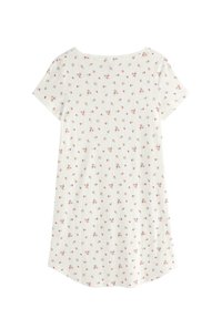 Bílé krátké šaty s krátkým rukávem a žebrovanou texturou, zdobené květinovým vzorem v růžové a zelené barvě. Mírně zaoblený lem, neformální design.