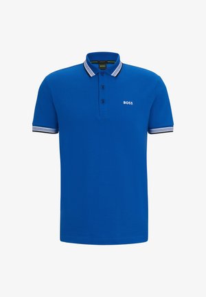 Blue polo shirt made of cotton with a classic collar, featuring three buttons and contrasting gray-striped cuffs. BOSS logo on the chest.