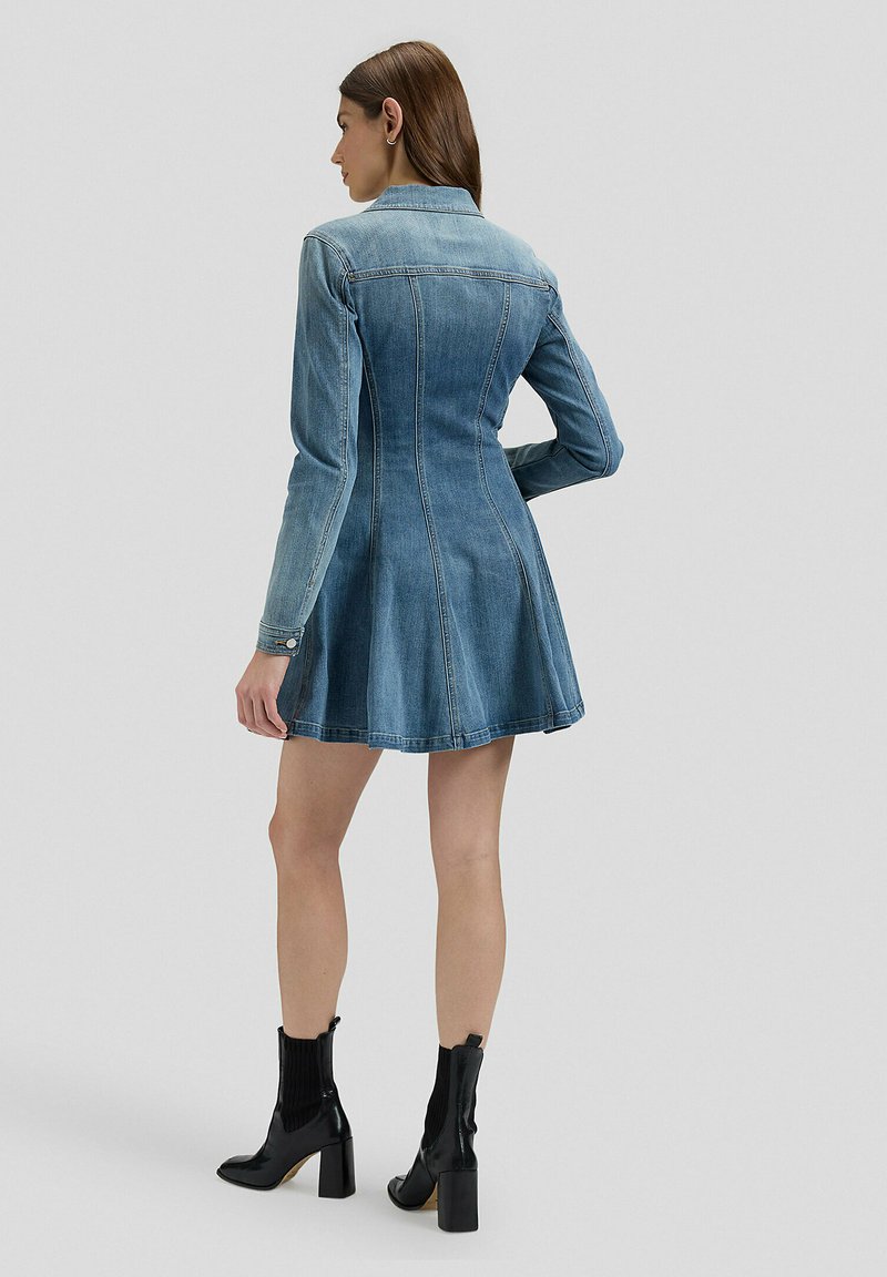 long sleeve fitted denim dress Blue Denim Mini Dress: Fitted Long Sleeve Jean Dress