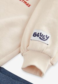 Manche de sweat-shirt beige avec poignet côtelé et patch en tissu blanc portant l'inscription "Bluey" en texte bleu foncé, associée à un tissu bleu foncé.