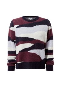 Maroon and navy textured sweater with abstract cream and grey patterns. Crew neck and ribbed cuffs create a comfortable fit. Cozy fabric.